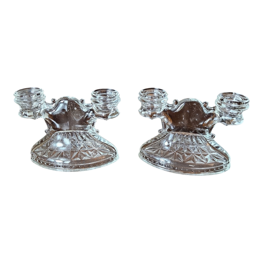 Crystal Elegance Dual Candle Holders 1930s Art Deco Star Burst Base.